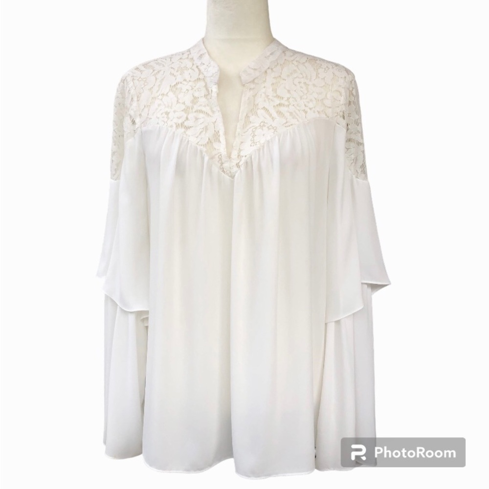 BCBG MaxAzria White Laced Ruffled Oversized Top Blouse